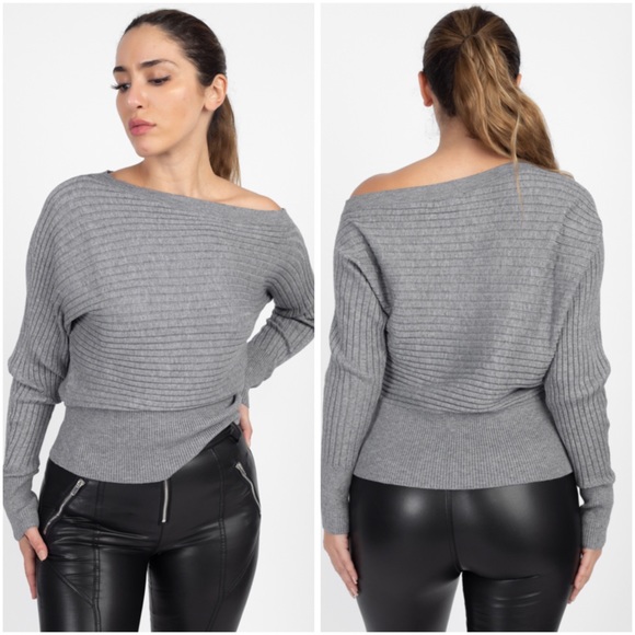 Gray one shoulder ribbed sweater - Picture 3 of 6